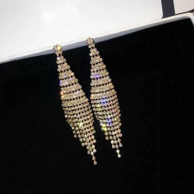 Alt view image 4 of 5 - Super Flash Diamond Two-color Tassel Earrings for Women (Silver stud earings)