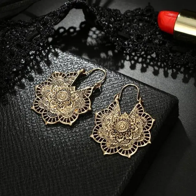 Alt view image 5 of 6 - Vintage Ethnic Style Metal Openwork Flower Flower Earrings Bohemian Carved Earrings (silver) Silver