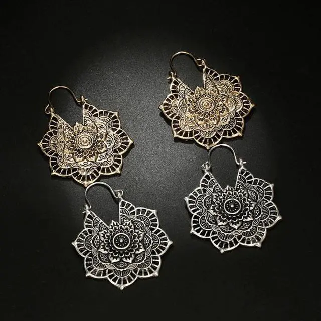 Alt view image 6 of 6 - Vintage Ethnic Style Metal Openwork Flower Flower Earrings Bohemian Carved Earrings (silver) Silver