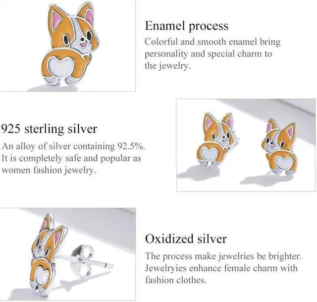 Alt view image 4 of 7 - S925 Sterling Silver Cute Corgi Ear Studs Women Earrings Cute Corgi