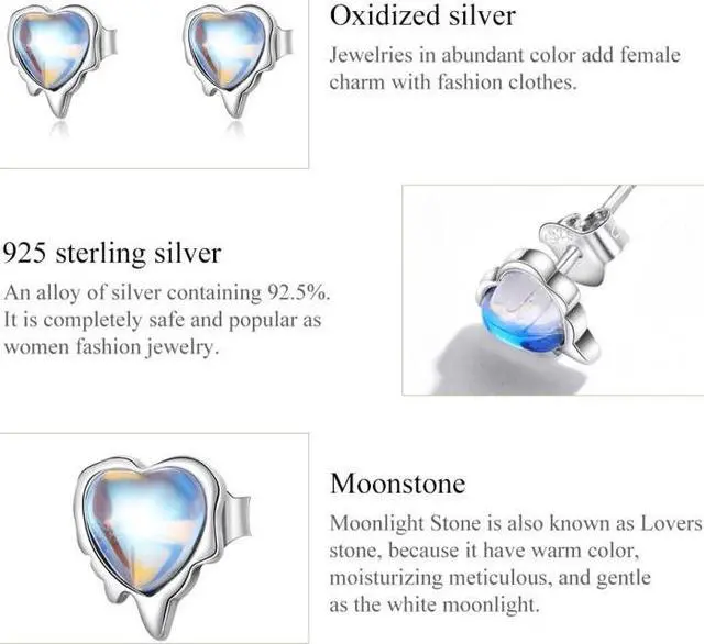 Alt view image 5 of 7 - S925 Sterling Silver Heart Shaped Moonstone Women Earrings Heart Shaped Moonstone