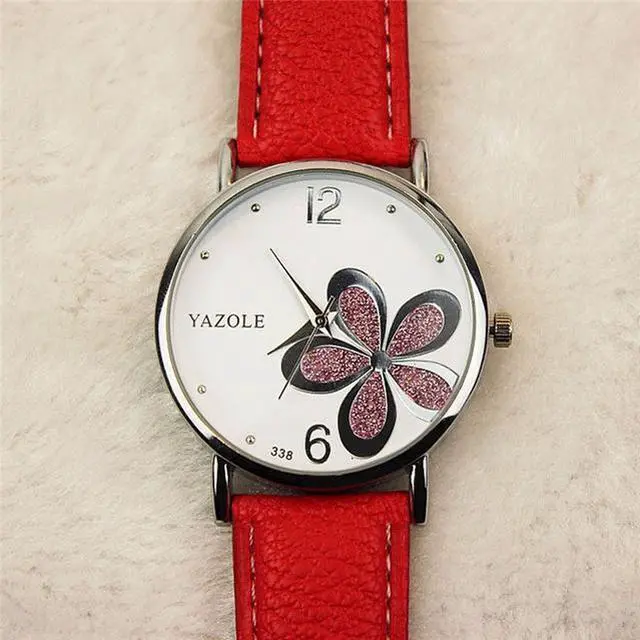 Main image of YAZOLE Ladies OL Style Four-leaf Clover Pattern Quartz Watch (338 white plate purple flower red belt) Purple