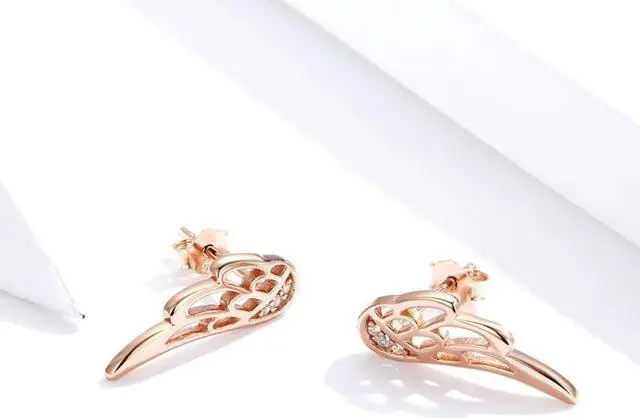 Alt view image 2 of 5 - Sterling Silver Wing Earrings Simple S925 Silver Stud Earrings Rose Gold