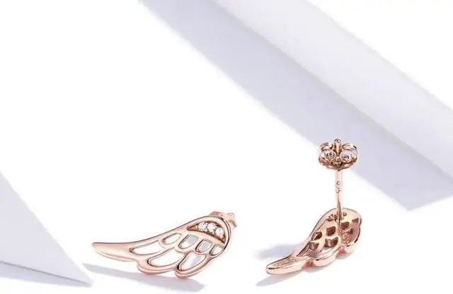 Alt view image 3 of 5 - Sterling Silver Wing Earrings Simple S925 Silver Stud Earrings Rose Gold