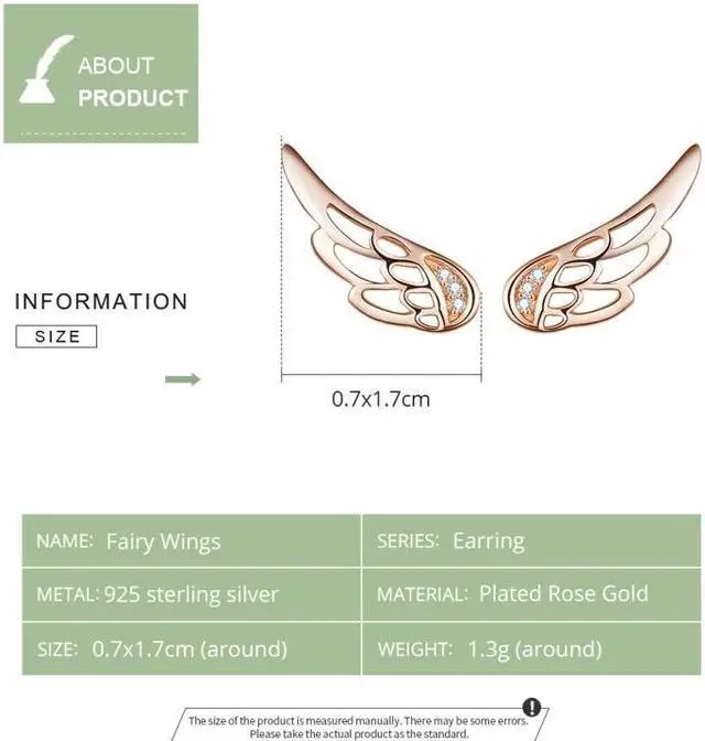 Alt view image 4 of 5 - Sterling Silver Wing Earrings Simple S925 Silver Stud Earrings Rose Gold