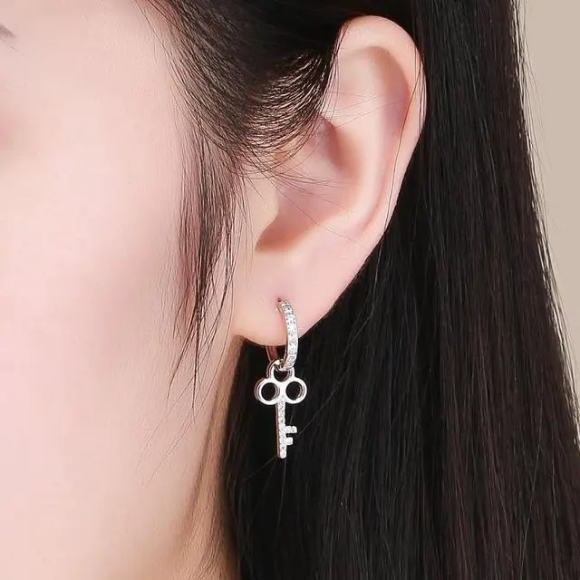 Alt view image 6 of 7 - Key Lock Earrings S925 Sterling Silver Platinum-plated Simple Earrings CE577