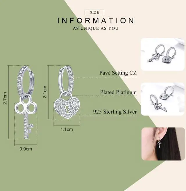 Alt view image 5 of 7 - Key Lock Earrings S925 Sterling Silver Platinum-plated Simple Earrings CE577