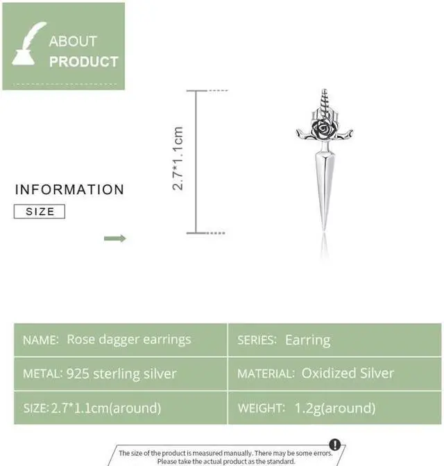 Alt view image 4 of 7 - S925 Sterling Silver Rose Dagger Ear Stud Women Earrings Rose Dagger