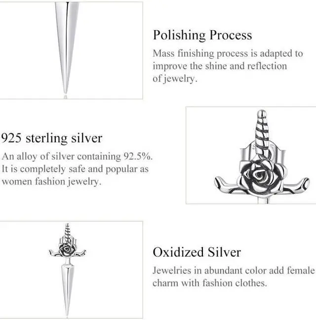 Alt view image 5 of 7 - S925 Sterling Silver Rose Dagger Ear Stud Women Earrings Rose Dagger