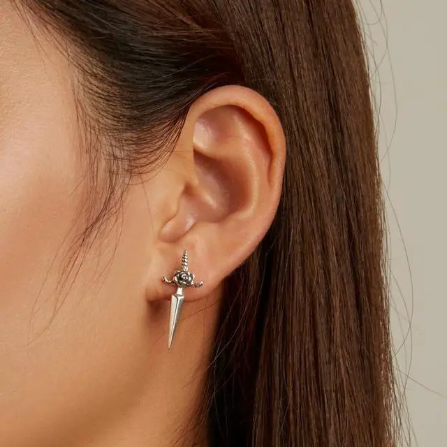 Alt view image 6 of 7 - S925 Sterling Silver Rose Dagger Ear Stud Women Earrings Rose Dagger