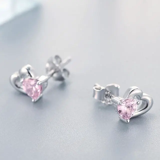 Alt view image 2 of 4 - Heart-shaped S925 Sterling Silver Earrings with Gemstones SCE090