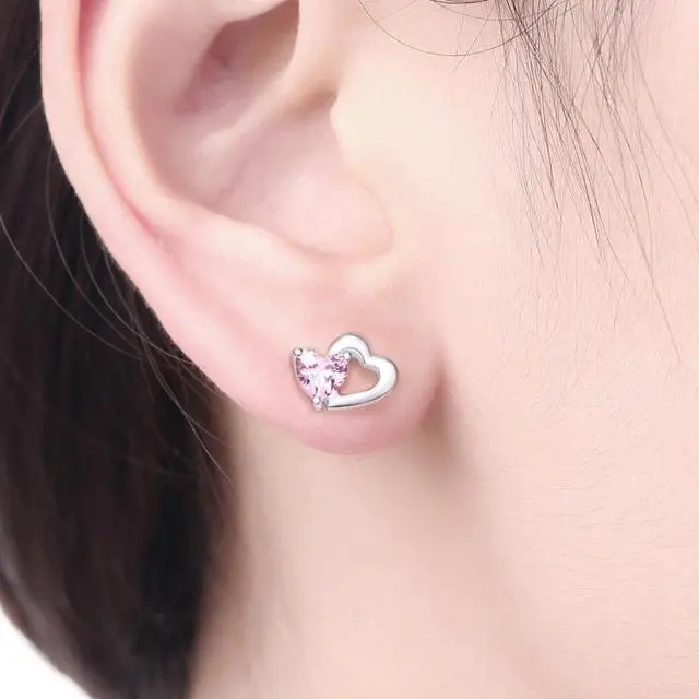 Alt view image 4 of 4 - Heart-shaped S925 Sterling Silver Earrings with Gemstones SCE090