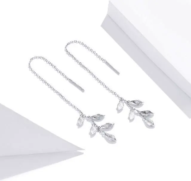 Alt view image 2 of 7 - S925 Sterling Silver Simple Style Long Leaves Women Earrings, Size:Long Leaves