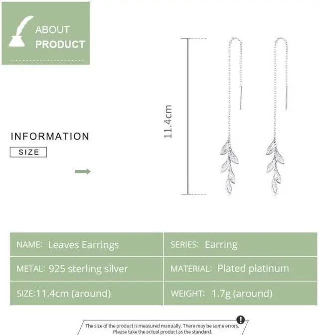 Alt view image 4 of 7 - S925 Sterling Silver Simple Style Long Leaves Women Earrings, Size:Long Leaves
