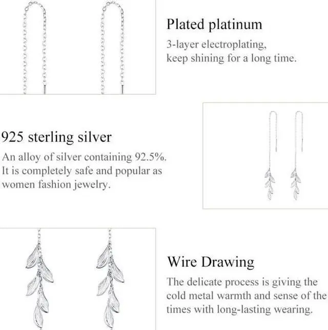 Alt view image 5 of 7 - S925 Sterling Silver Simple Style Long Leaves Women Earrings, Size:Long Leaves