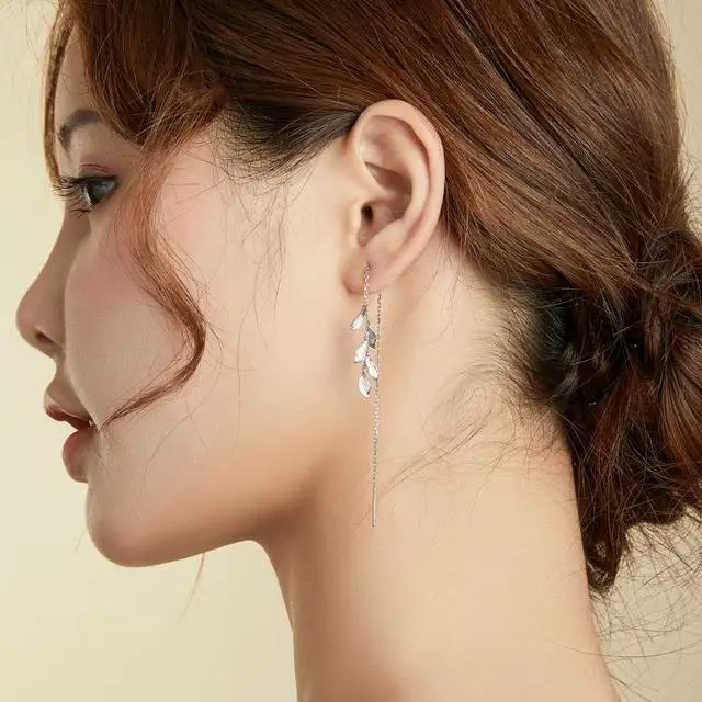 Alt view image 7 of 7 - S925 Sterling Silver Simple Style Long Leaves Women Earrings, Size:Long Leaves