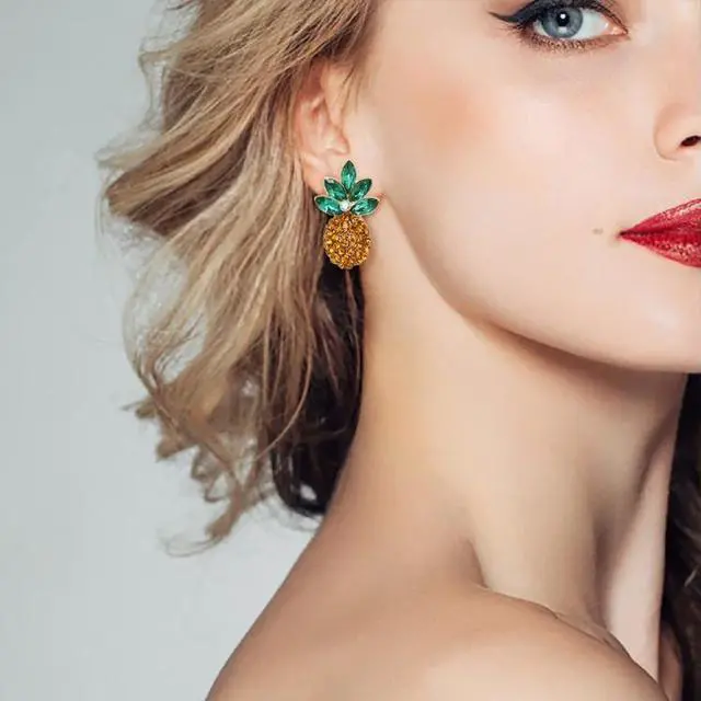 Alt view image 2 of 6 - 1 Pair Alloy Inlaid Colorful Rhinestone Pineapple Earrings (Green)