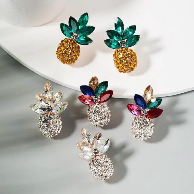 Alt view image 3 of 6 - 1 Pair Alloy Inlaid Colorful Rhinestone Pineapple Earrings (Green)