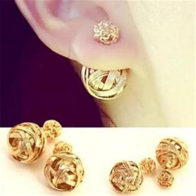 Alt view image 2 of 4 - Metal Weaving Double Sides Earrings Woman Vintage Cute Gold Color Stud Earring