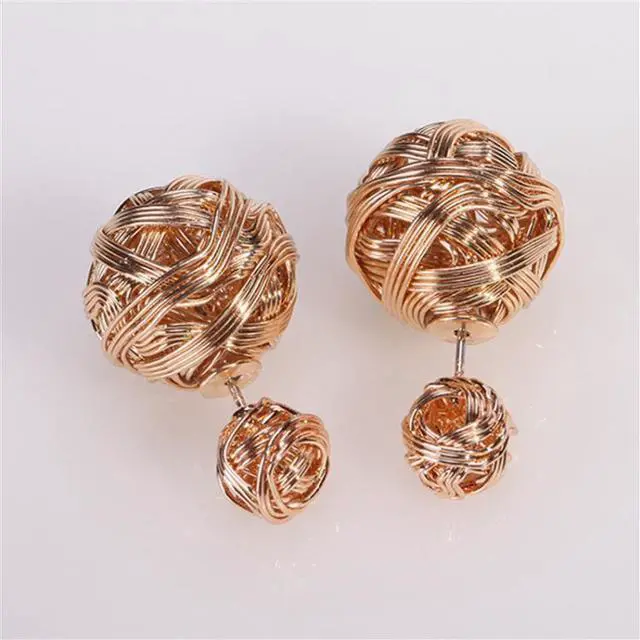 Alt view image 3 of 4 - Metal Weaving Double Sides Earrings Woman Vintage Cute Gold Color Stud Earring