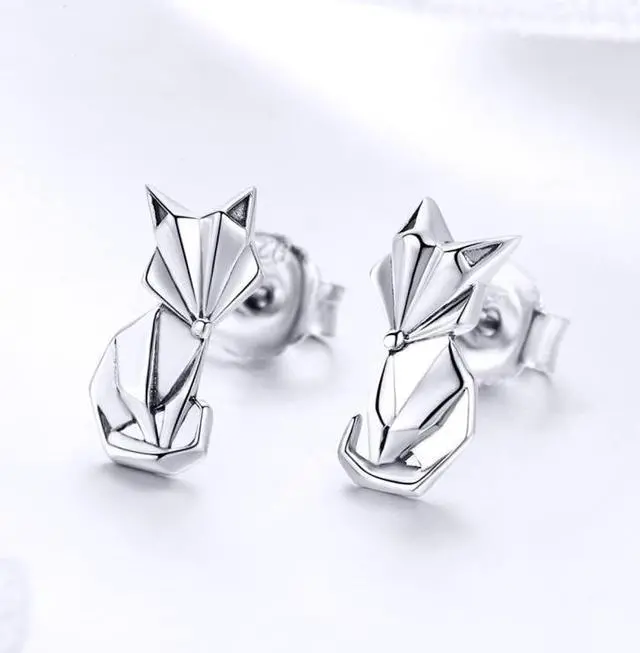 Alt view image 2 of 6 - S925 Animal Earrings Jewelry Origami Fox Sterling Silver Girls Earrings SCE526