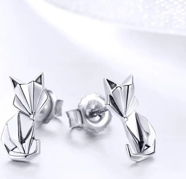 Alt view image 3 of 6 - S925 Animal Earrings Jewelry Origami Fox Sterling Silver Girls Earrings SCE526