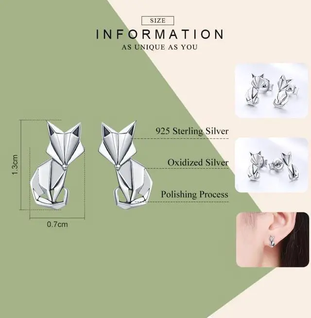 Alt view image 5 of 6 - S925 Animal Earrings Jewelry Origami Fox Sterling Silver Girls Earrings SCE526
