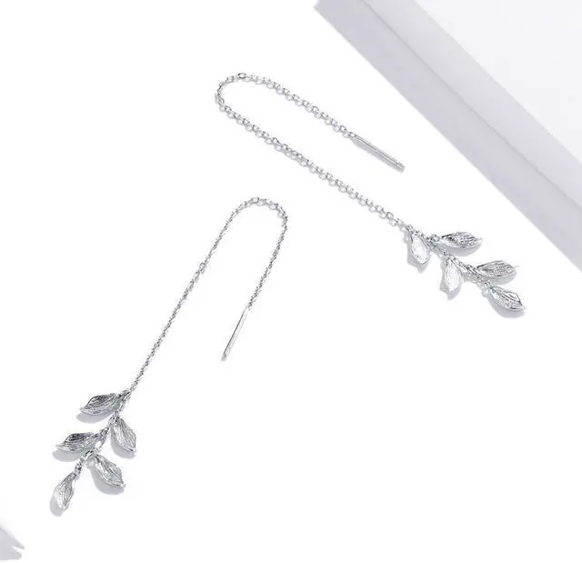 Alt view image 3 of 7 - S925 Sterling Silver Simple Style Long Leaves Women Earrings, Size:Long Leaves
