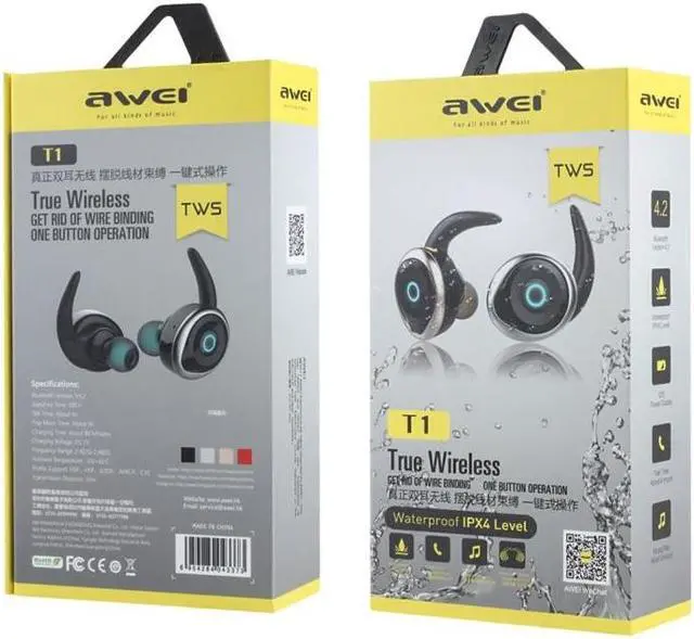 Alt view image 5 of 7 - AWEI T1 Sports Headset IPX4 Waterproof Wireless Bluetooth V4.2 Stereo Earphone, Support TWS (Black)