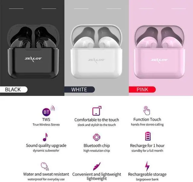 Alt view image 2 of 7 - ZEALOT T3 Bluetooth 5.0 TWS Wireless Bluetooth Earphone with Charging Box, Support Touch & Call & Power Display (White)