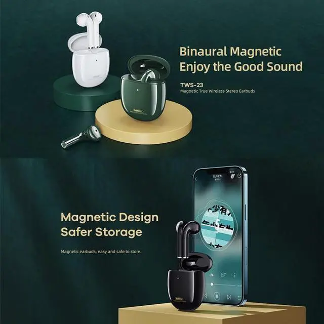 Alt view image 4 of 6 - Remax TWS-23 Bluetooth 5.0 Magnetic True Wireless Stereo Bluetooth Earphone(White) (White)