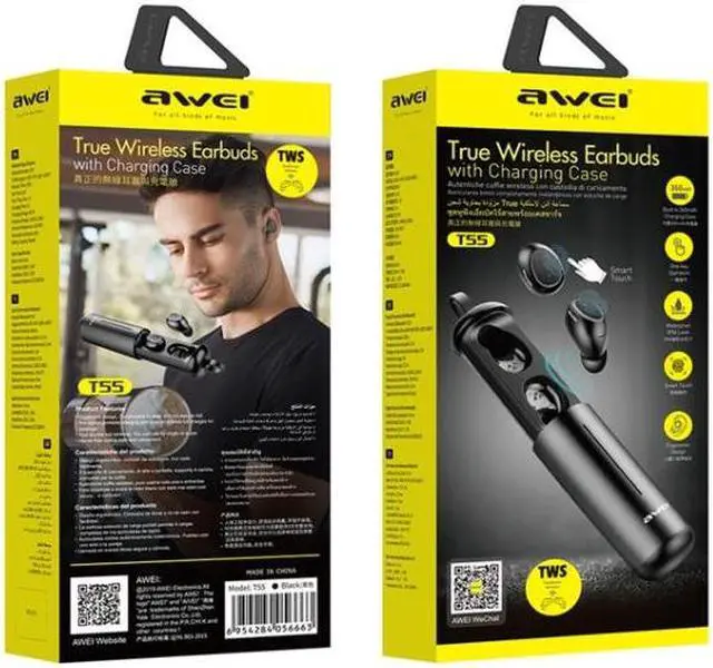 Alt view image 4 of 7 - awei T55 TWS Bluetooth V5.0 Ture Wireless Sports Headset with Portable Charging Case(Black)