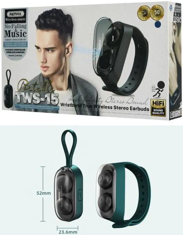 Alt view image 3 of 6 - Remax TWS-15 Bluetooth 5.0 Portable Wristband Style True Wireless Stereo Earphone(Black) (Green)