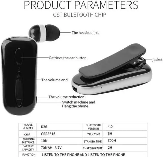Alt view image 3 of 7 - K36 Stereo Wireless Bluetooth Headset Calls Remind Vibration Wear Clip Driver Auriculares Earphone(Black) (Pink)