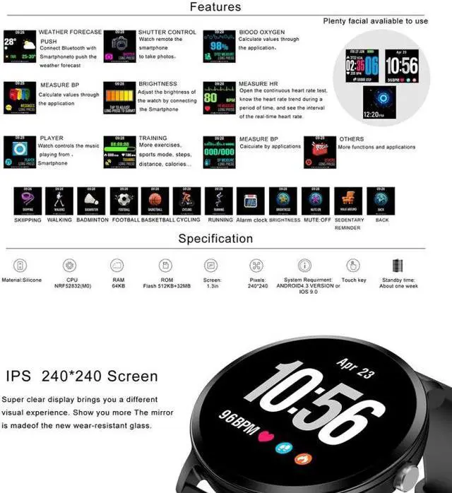 Alt view image 2 of 7 - V11 Smartwatch Real-time Heart Rate Blood Pressure Monitor Multi-sport mode Breathing Light Smart Watch for Android IOS Phone (Pink Silicone)