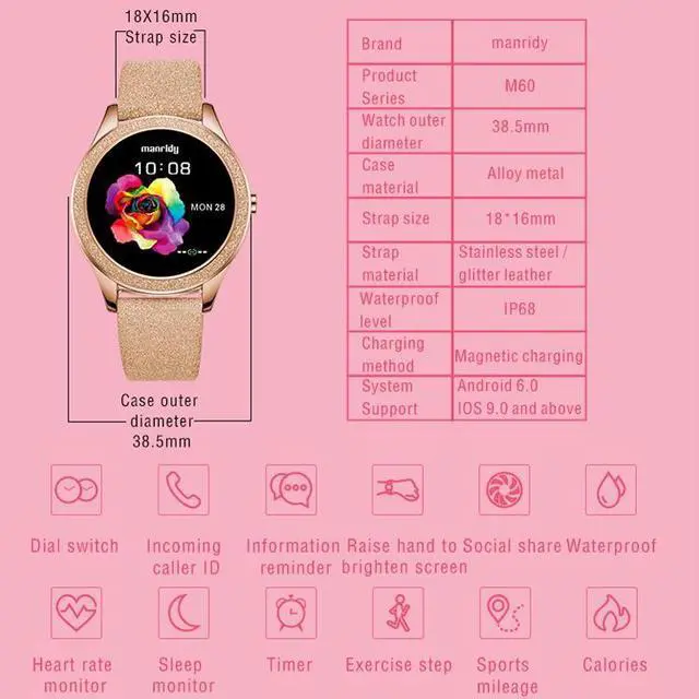 Alt view image 2 of 7 - M6009 Glitter Leather Strap Fashion Smart Watch for Women, Support Heart Rate Monitoring & Pedometer & Sleep Monitoring & Calories (Silver)