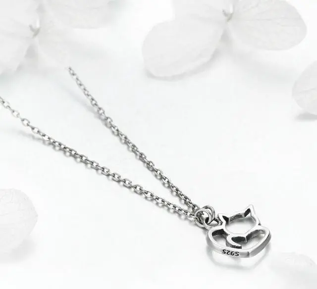 Alt view image 2 of 5 - Cute Cat S925 Sterling Silver Lady Necklace With Zircon Inlaid Plain Silver Necklace SCN188