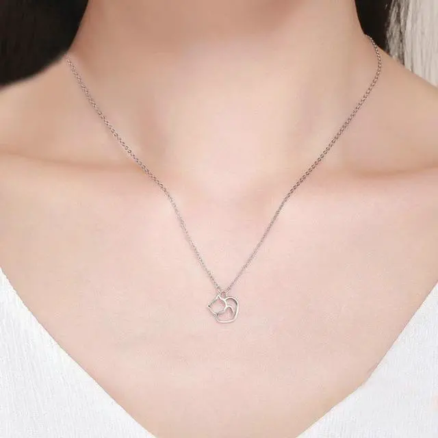Alt view image 5 of 5 - Cute Cat S925 Sterling Silver Lady Necklace With Zircon Inlaid Plain Silver Necklace SCN188