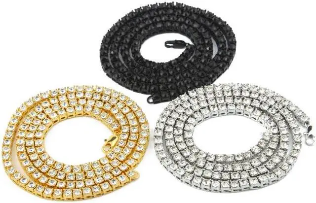 Alt view image 2 of 7 - Mens Hip Hop Punk Single Row Crystal Inlaid Alloy Chain Necklace, Size: 30 inch (Gold)