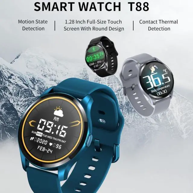 Alt view image 2 of 7 - T88 1.28 inch TFT Color Screen IP67 Waterproof Smart Watch, Support Body Temperature Monitoring / Sleep Monitoring / Heart Rate Monitoring (Grey)