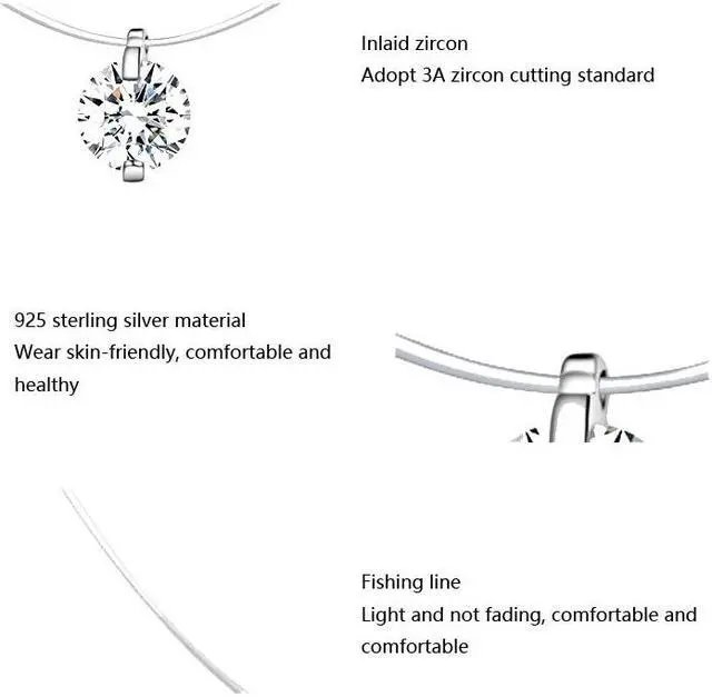 Alt view image 3 of 6 - Invisible Fish Line Necklace Zircon Pendant S925 Sterling Silver Necklace SCN332
