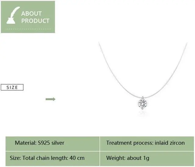 Alt view image 4 of 6 - Invisible Fish Line Necklace Zircon Pendant S925 Sterling Silver Necklace SCN332