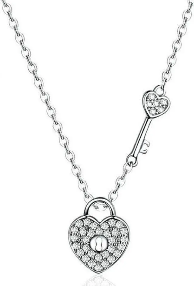Main image of S925 Sterling Silver Platinum Plated Heart Lock Necklace Girls White Inlaid Zircon Key Jewelry SCN315