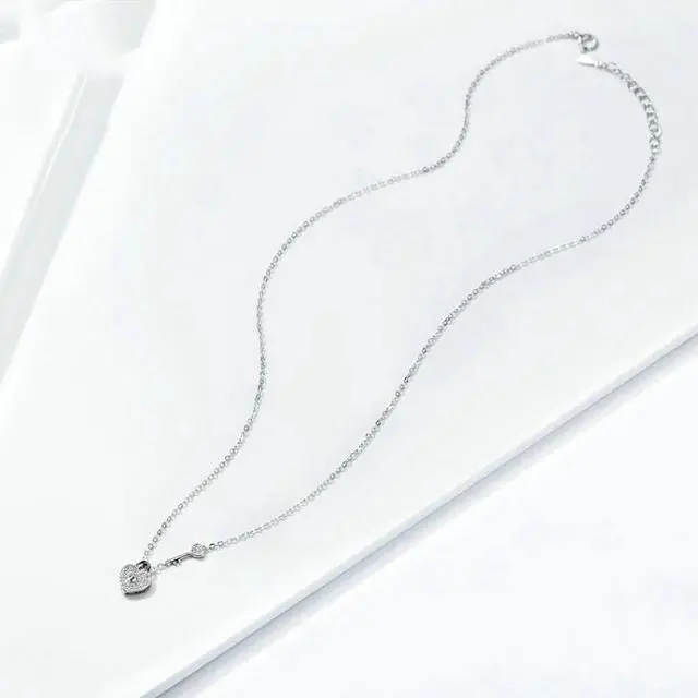 Alt view image 2 of 7 - S925 Sterling Silver Platinum Plated Heart Lock Necklace Girls White Inlaid Zircon Key Jewelry SCN315