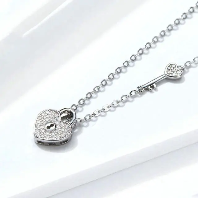 Alt view image 3 of 7 - S925 Sterling Silver Platinum Plated Heart Lock Necklace Girls White Inlaid Zircon Key Jewelry SCN315