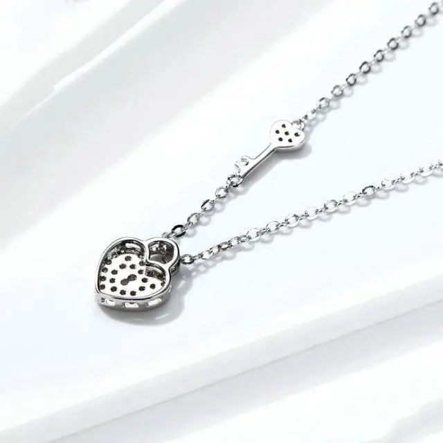 Alt view image 4 of 7 - S925 Sterling Silver Platinum Plated Heart Lock Necklace Girls White Inlaid Zircon Key Jewelry SCN315