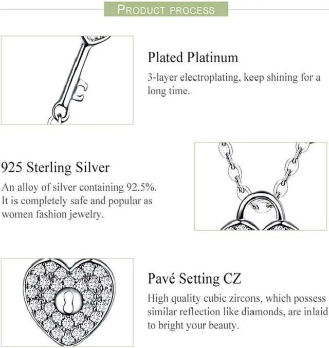 Alt view image 5 of 7 - S925 Sterling Silver Platinum Plated Heart Lock Necklace Girls White Inlaid Zircon Key Jewelry SCN315