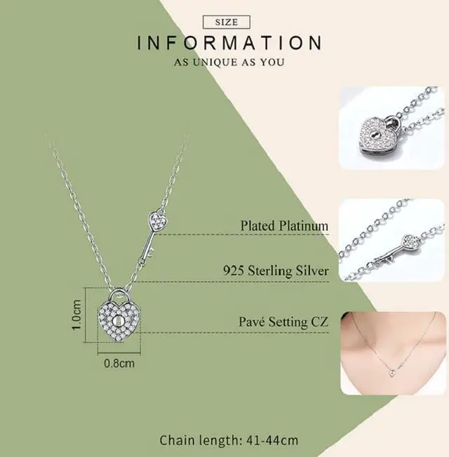 Alt view image 6 of 7 - S925 Sterling Silver Platinum Plated Heart Lock Necklace Girls White Inlaid Zircon Key Jewelry SCN315