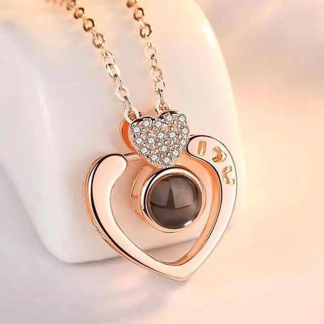 Alt view image 2 of 4 - 100 Language I Love You Projective Girl Two Heart Pendant Necklace Jewelry (Silver)