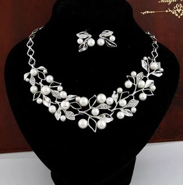 Alt view image 5 of 7 - Leaf Crystal Simulated Pearl Wedding Jewelry Necklaces Earrings Sets (Gold)